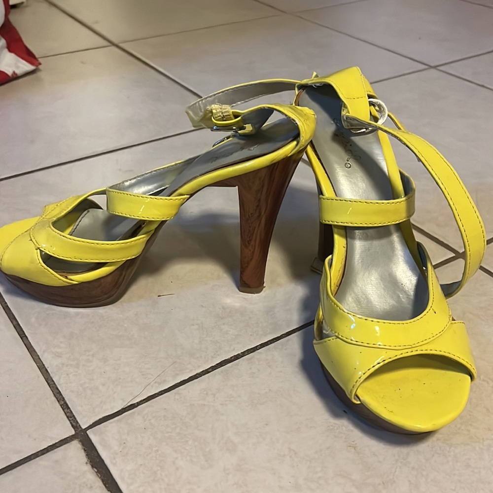 Qupid Yellow with Faux Wood Heels